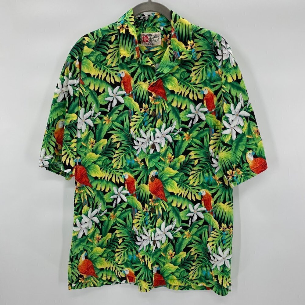 The Hawaiian Original Green Parrot Print Button Down Casual Shirt Men's Size M